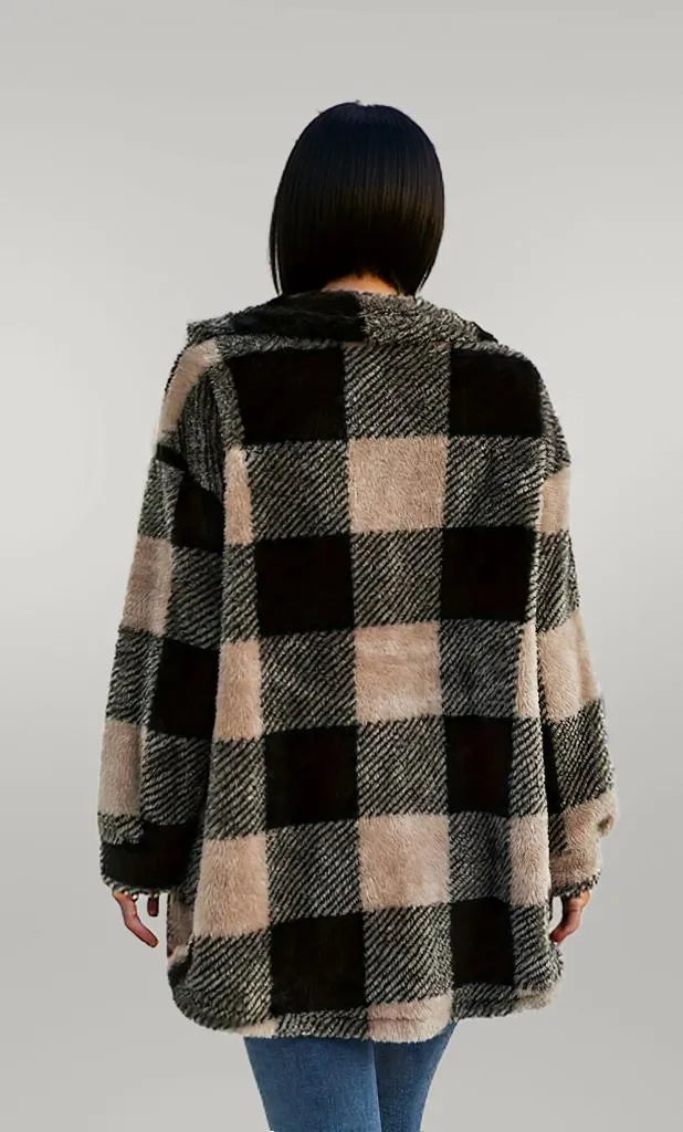 Button Down Collared Neck Plaid Teddy Coat with Pockets Black