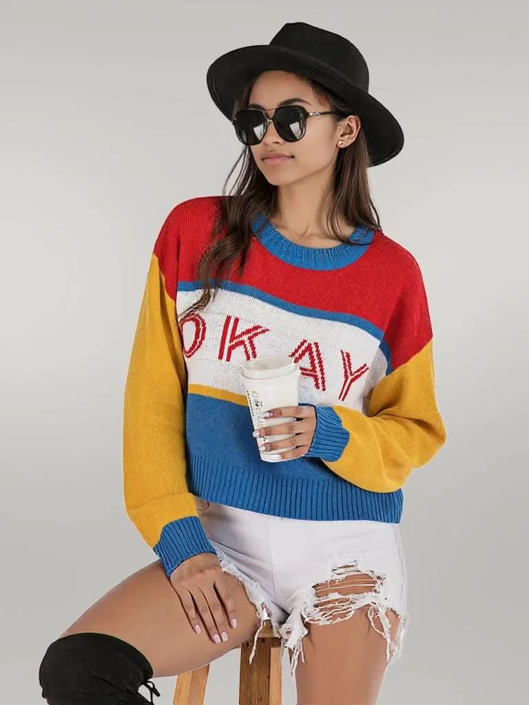 Perfee OKAY Contrast Dropped Shoulder Long Sleeve Sweater