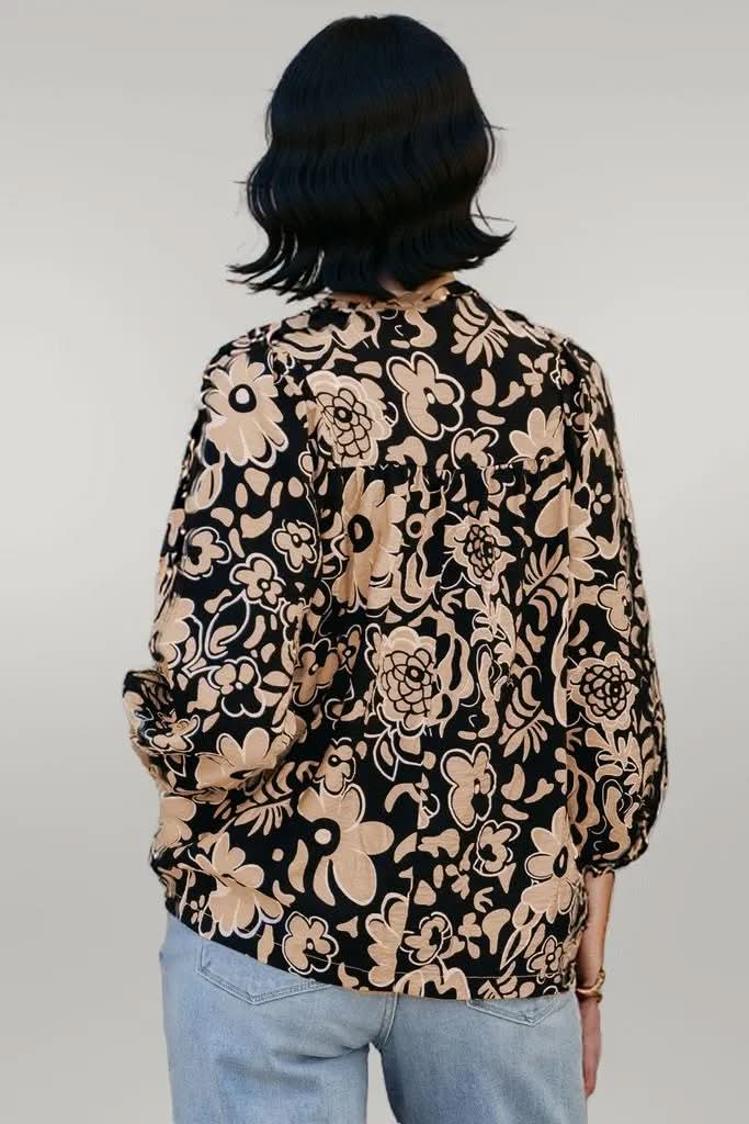 Black Floral Shirred Yoke Bracelet Sleeve Split Neck Boho Blouse