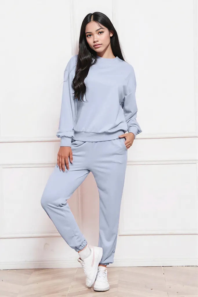 Round Neck Long Sleeve Sweatshirt and Pants Set Light Blue