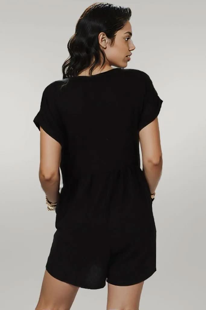 Pocketed V-Neck Short Sleeve Romper Black