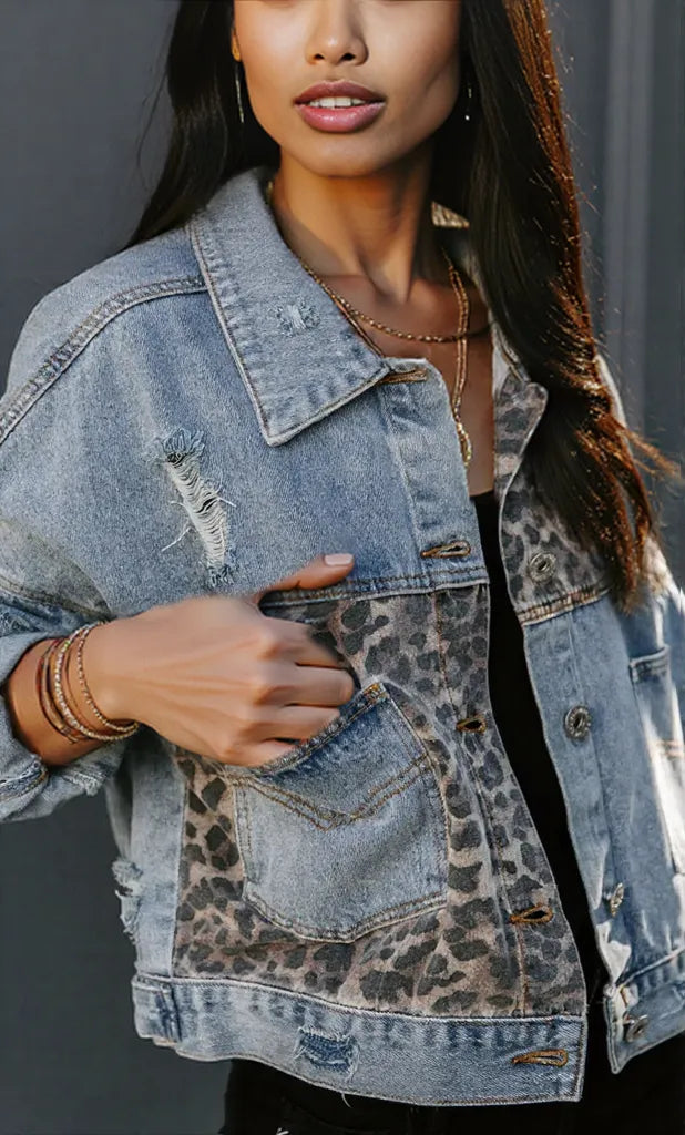 Distressed Leopard Drop Shoulder Denim Jacket Leopard
