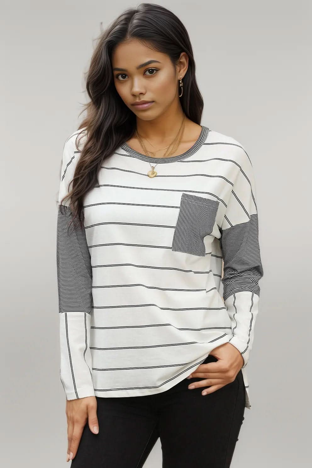 Pocketed Striped Round Neck T-Shirt