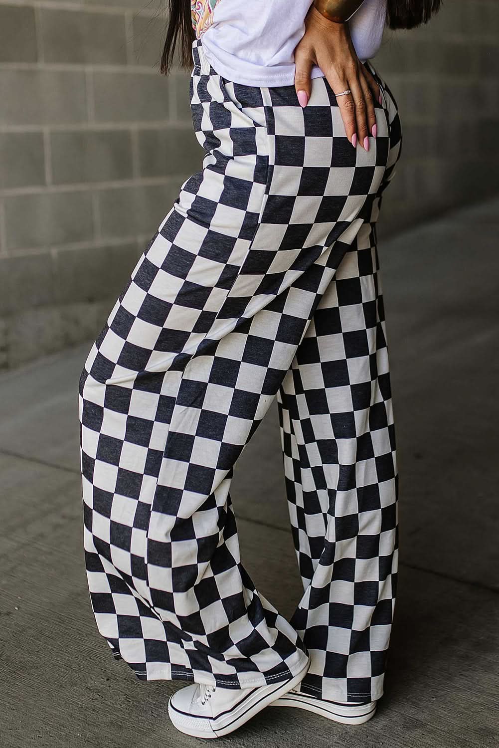 Checkered Wide Leg Pants Black