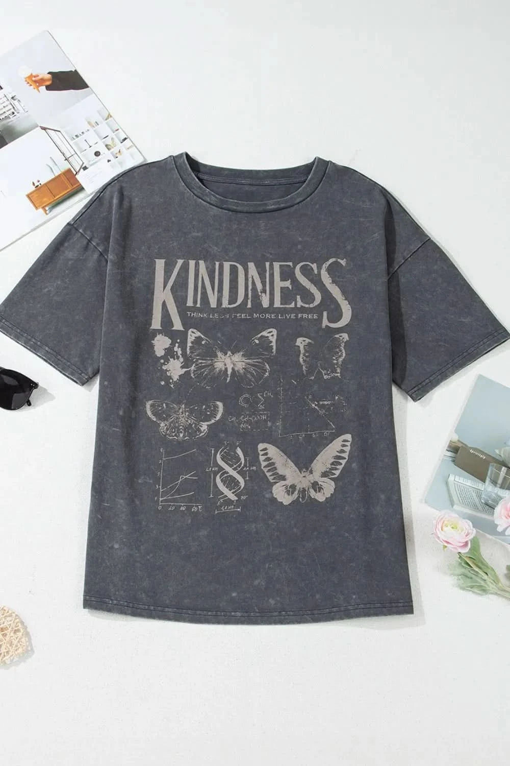 Kindness Butterflies Graphic Mineral Wash Loose Tee Dark Gray