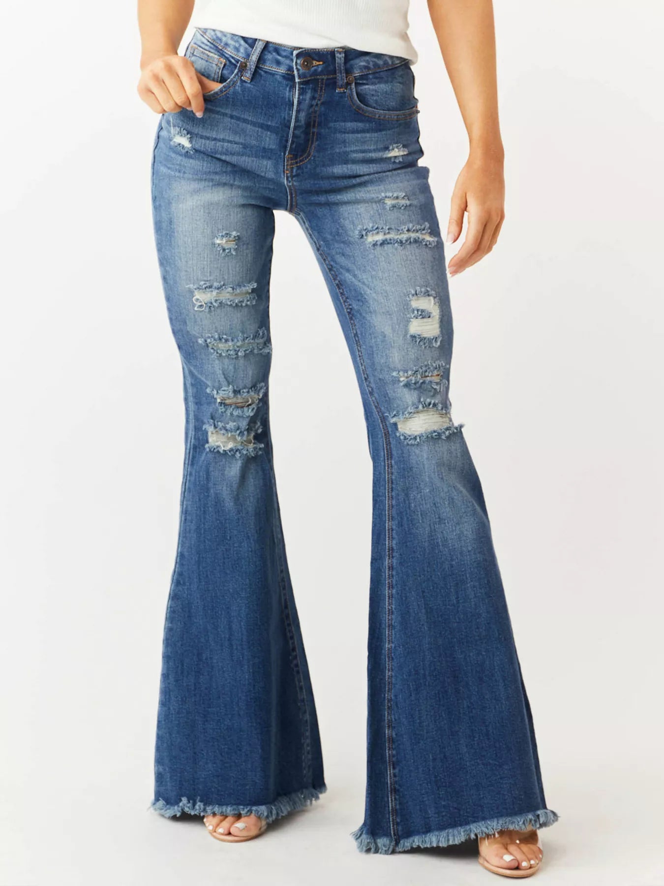 Distressed Raw Hem High-Waisted Flare Jeans Medium