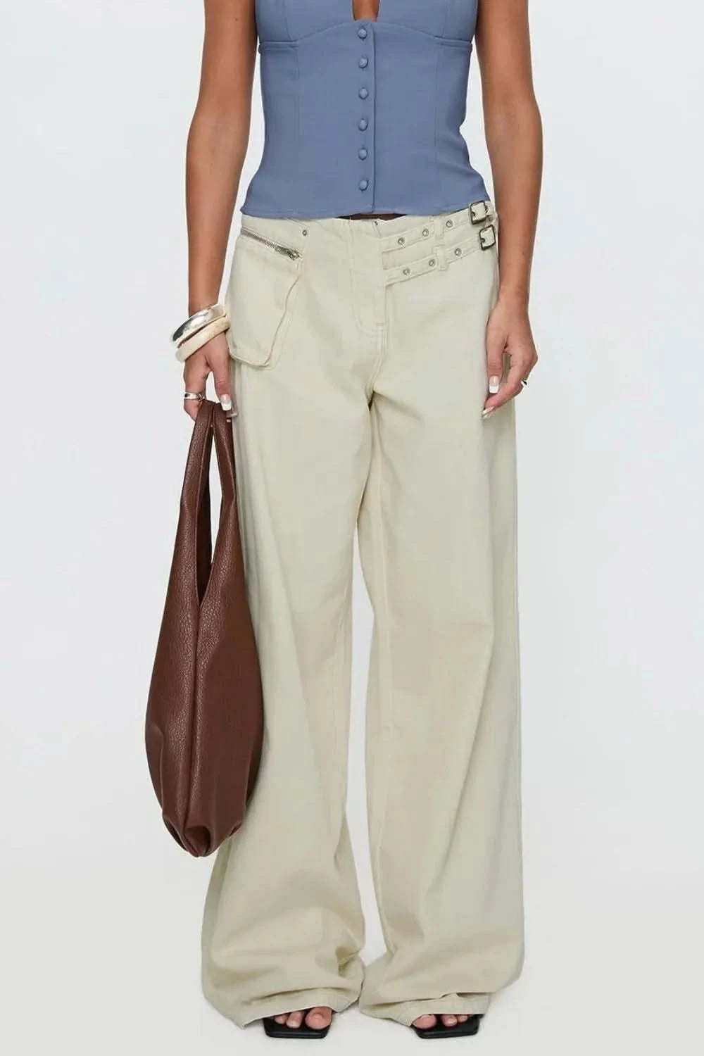 Wide Leg Jeans with Pockets Cream