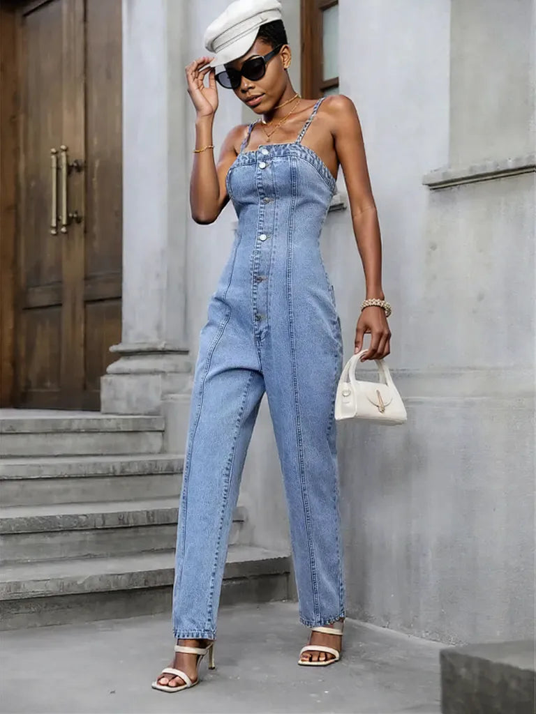 Spaghetti Strap Denim Overalls with Pockets