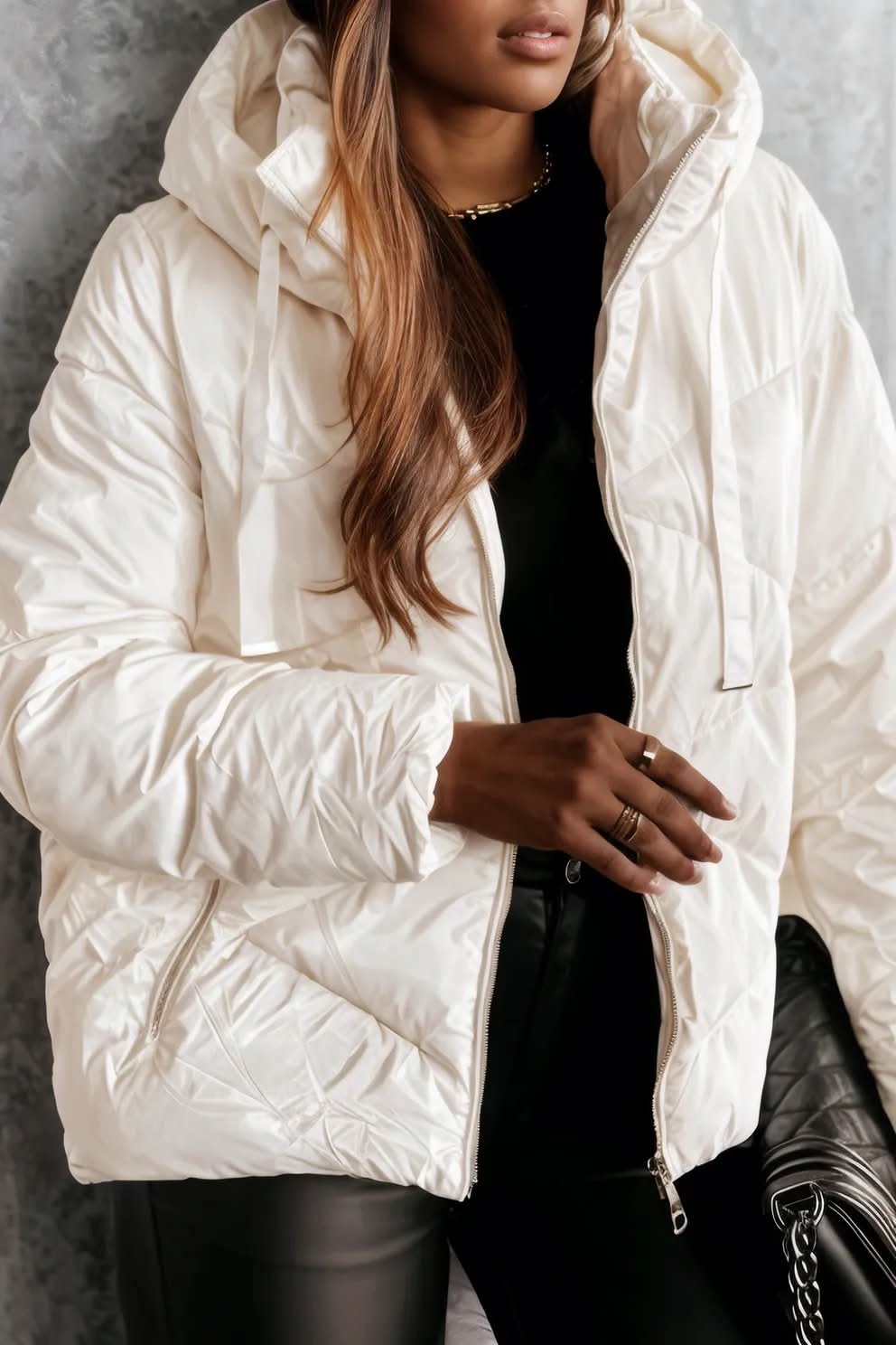 White Solid Quilted Hooded Zip Up Puffer Coat White 100%Polyamide