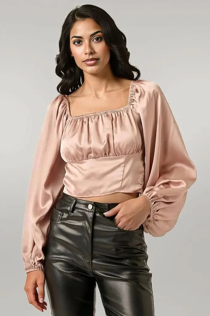 Mittoshop Satin Square Neck Blouse LATTE