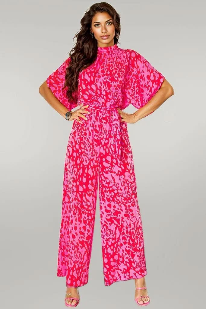 Rose Leopard Loose Sleeve Belted Wide Leg Jumpsuit