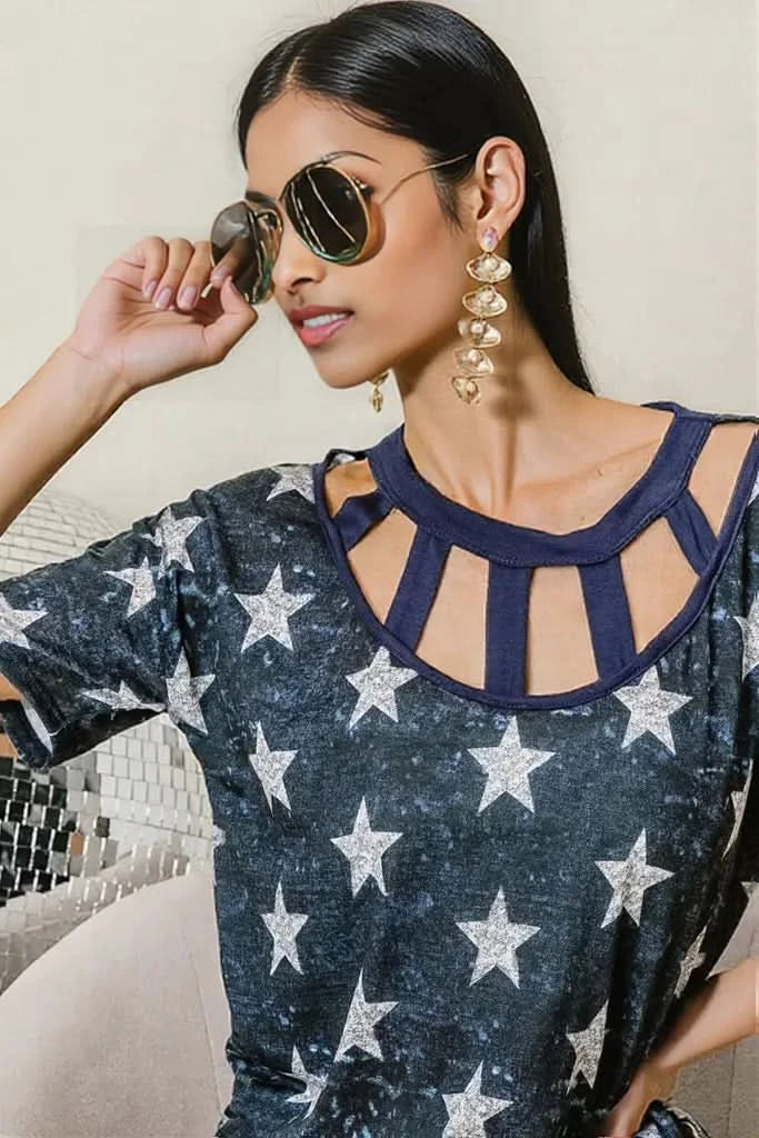 BiBi Vintage Star Print Top With Contrast Caged Neck