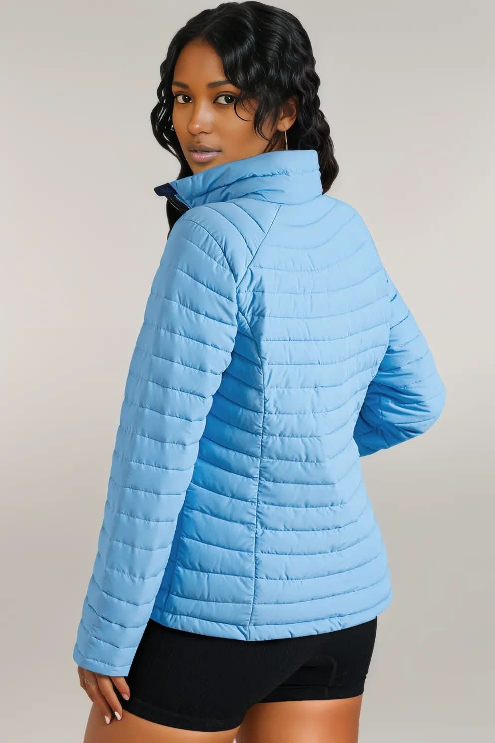 Turtleneck Zip Up Long Sleeve Jacket Pastel Blue