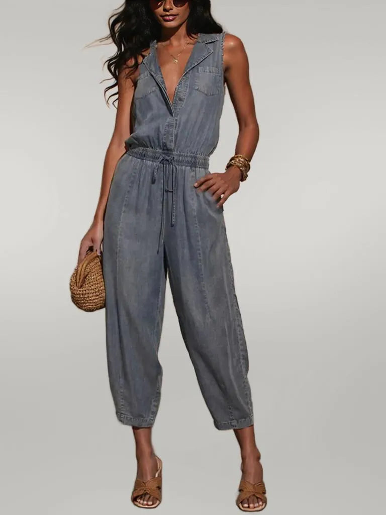 Sleeveless Drawstring Waist Washed Denim Jumpsuit Medium