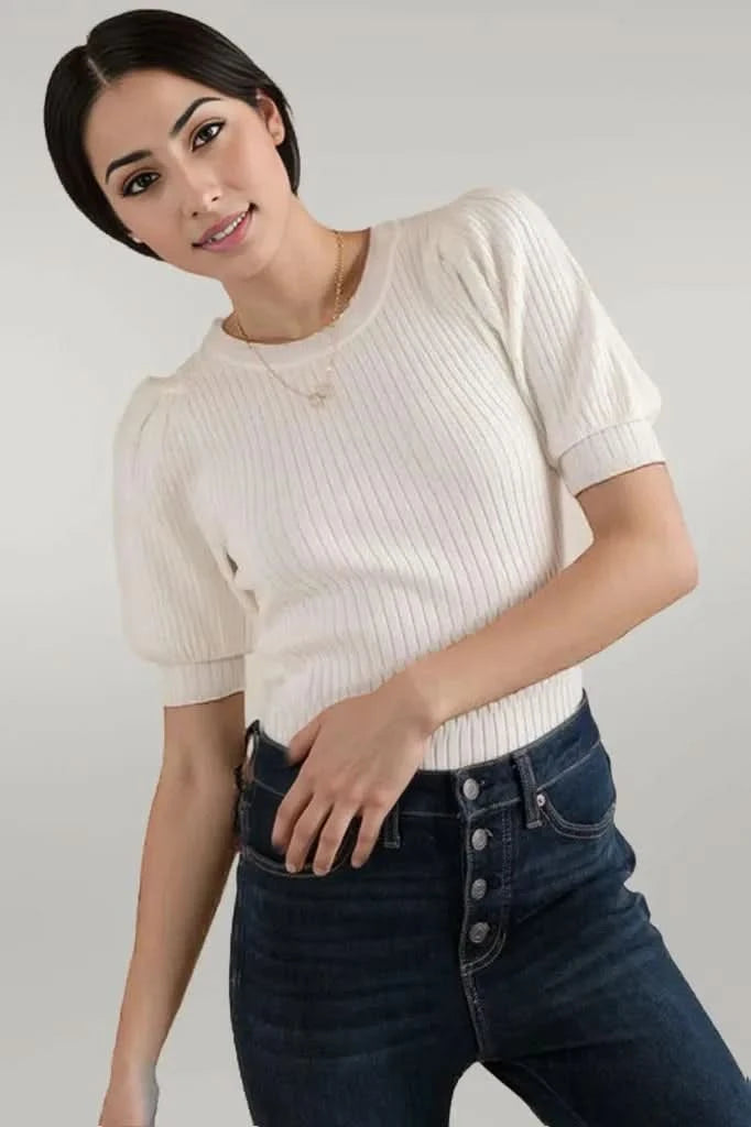And The Why Puffed Half Sleeve Rib Basic Bodysuit White