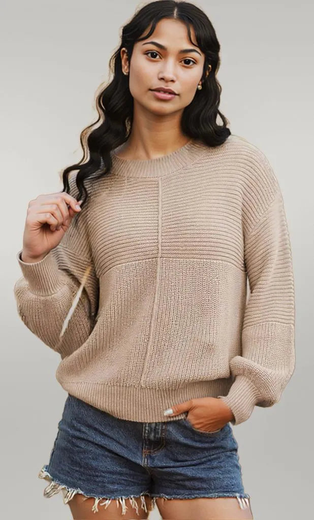 Texture Knitted Dropped Shoulder Sweater Khaki