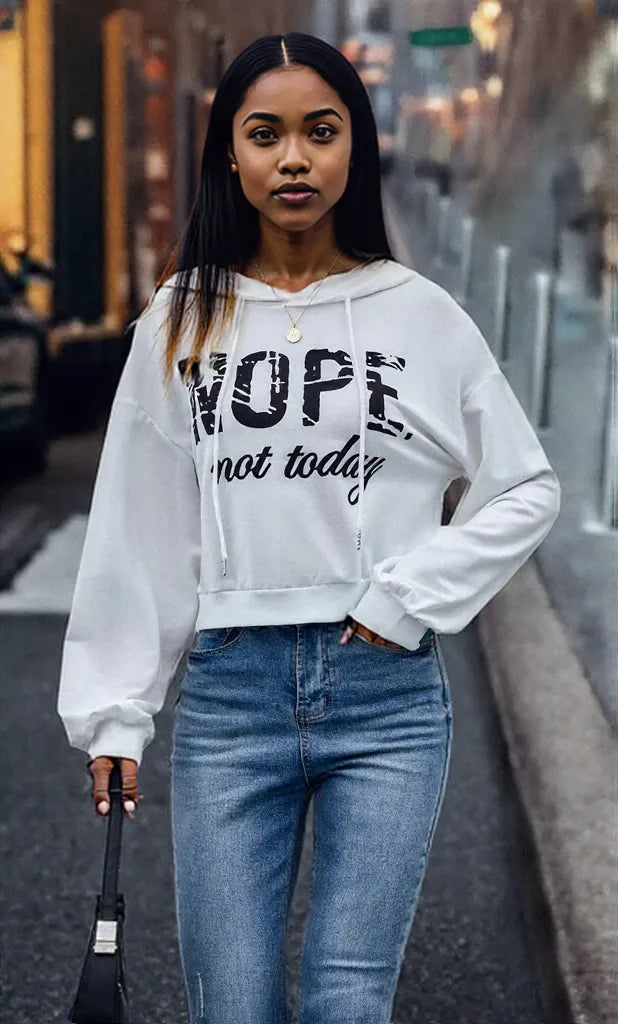 Letter Graphic Long Sleeve Drawstring Hoodie White