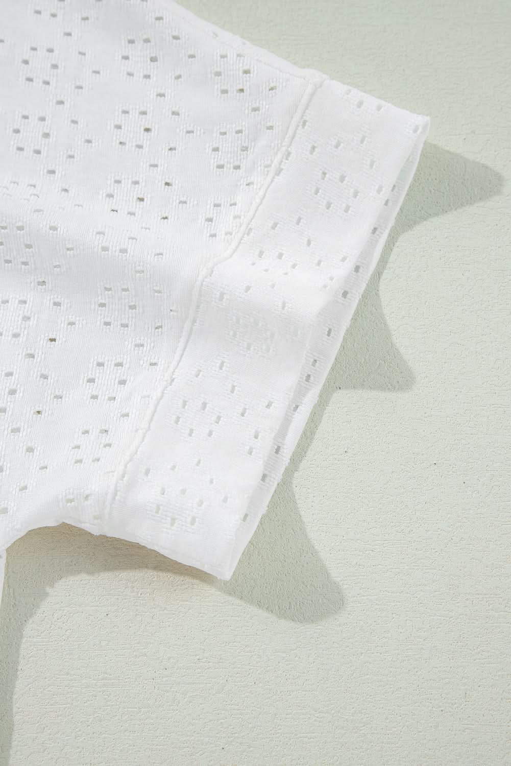 White Eyelet Pattern Boat Neck Casual Tee White 97%Polyester+3%Elastane