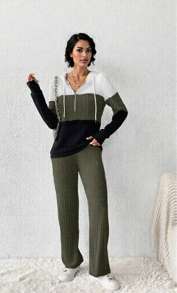 Color Block Half Zip Hooded Top and Pants Set Army Green