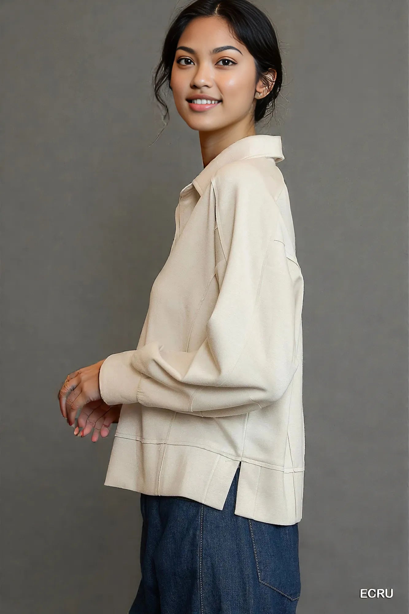 Umgee Collared Neck Long Sleeve Top with Raw Hem Detail
