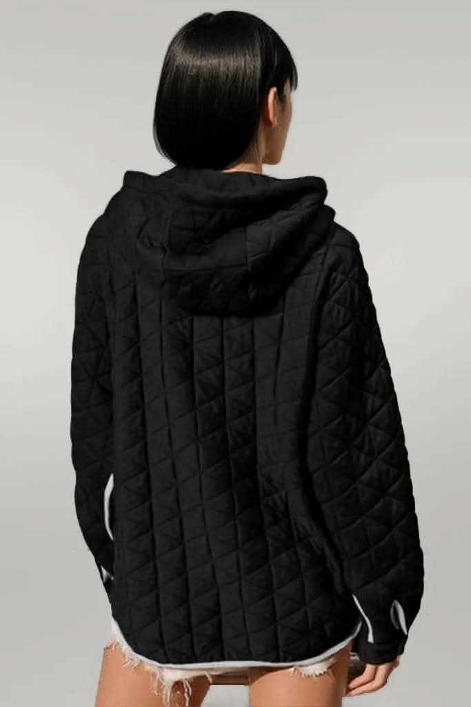 Double Take Contrast Trim Long Sleeve Half Snap Texture Hoodie with Pocket Black