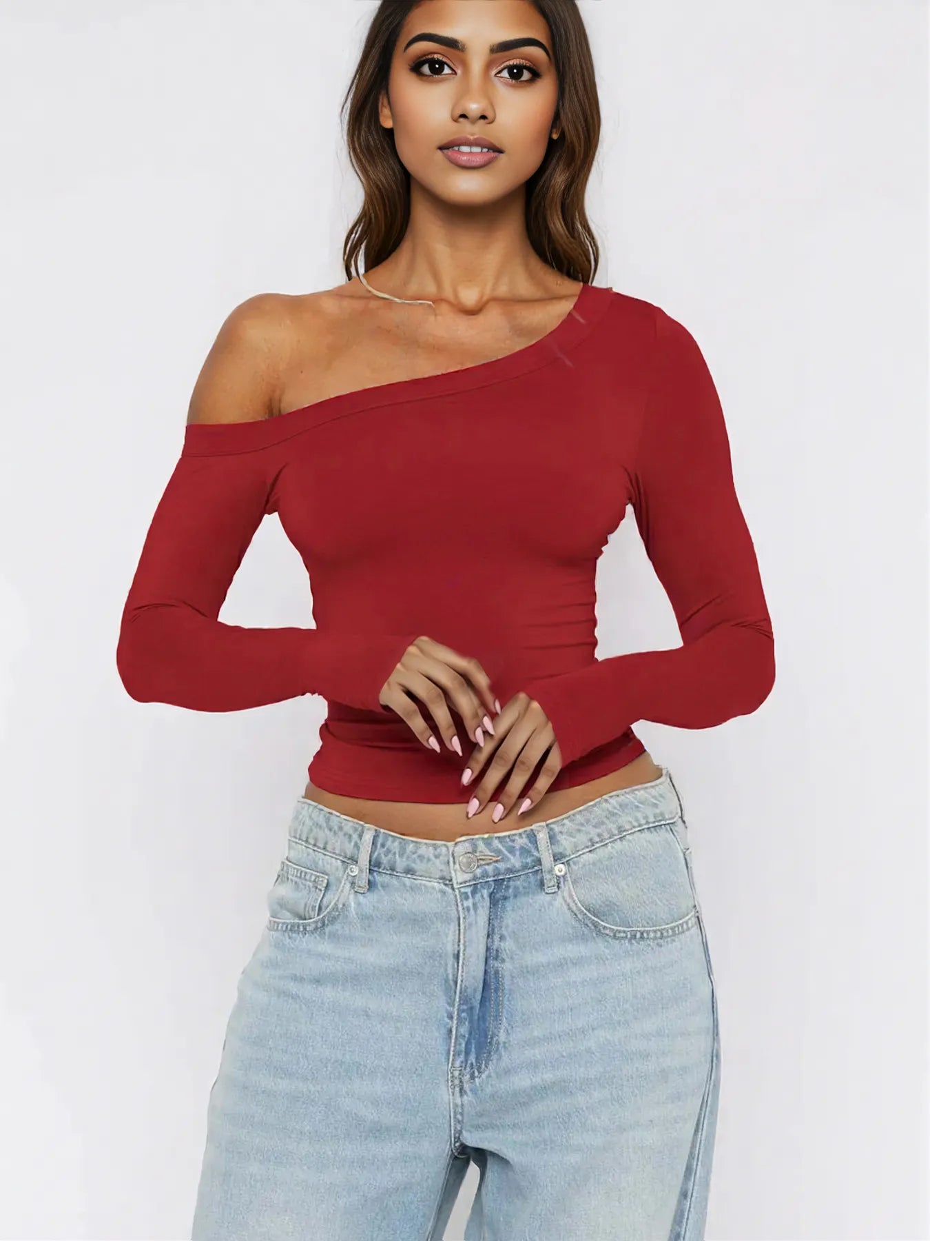One Shoulder Long Sleeve Crop T-Shirt