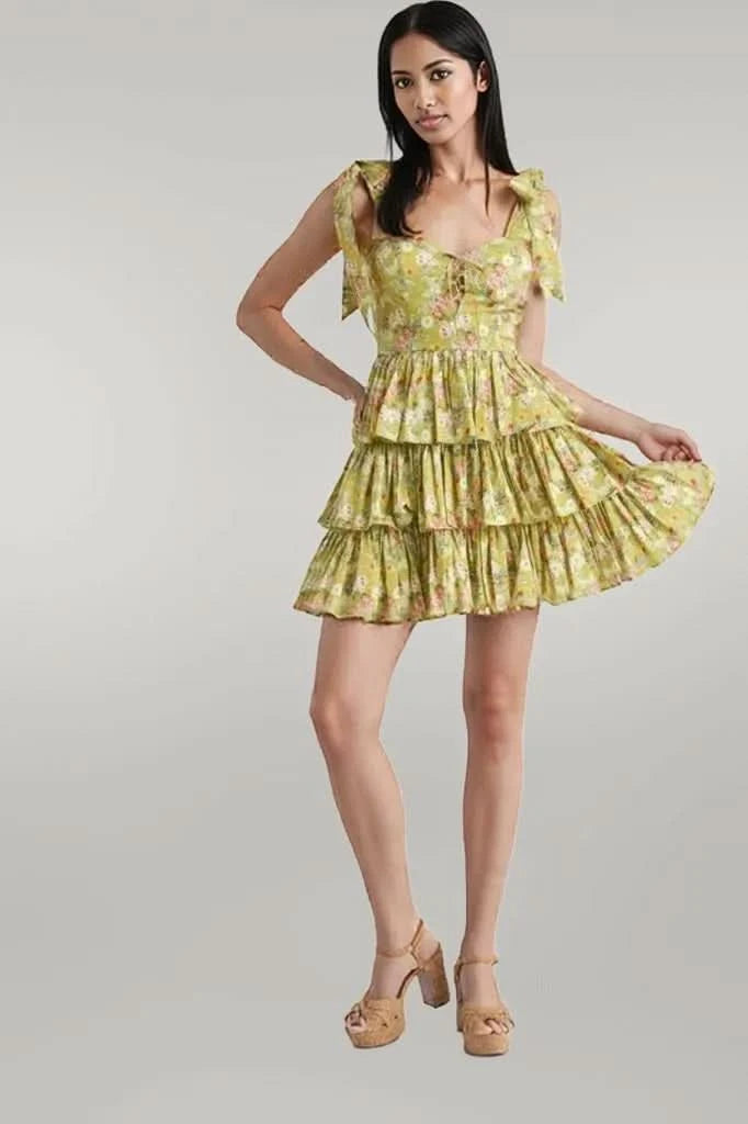 MABLE Floral Print Shoulder Tie Layered Mini Dress