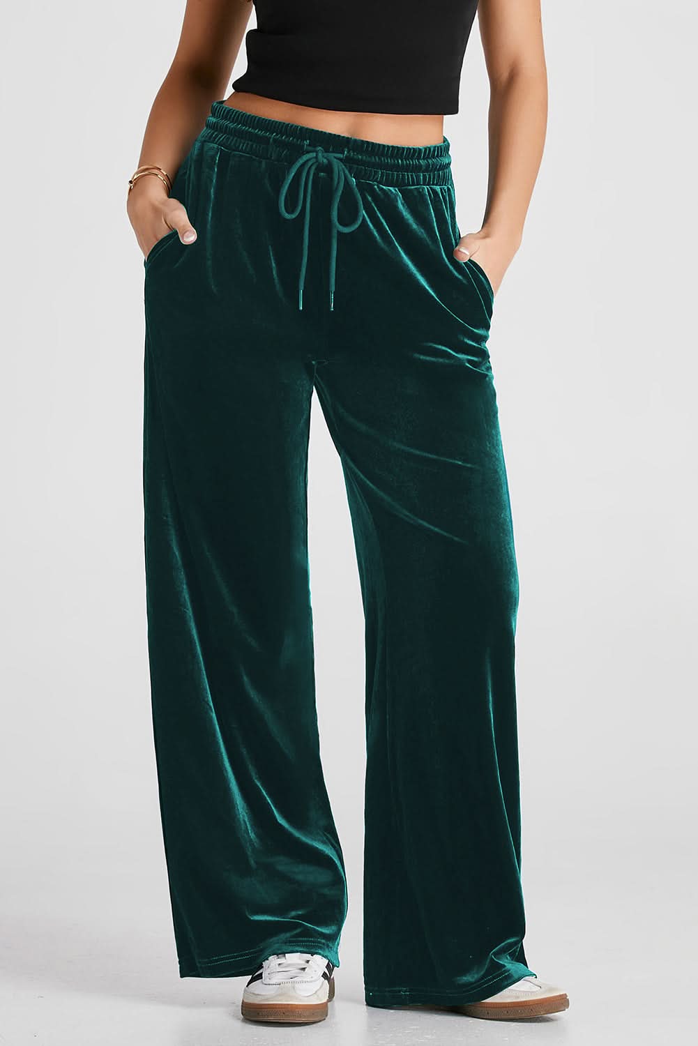 Black Solid Drawstring Waist Wide Leg Pants Evergreen 95%Polyester+5%Elastane