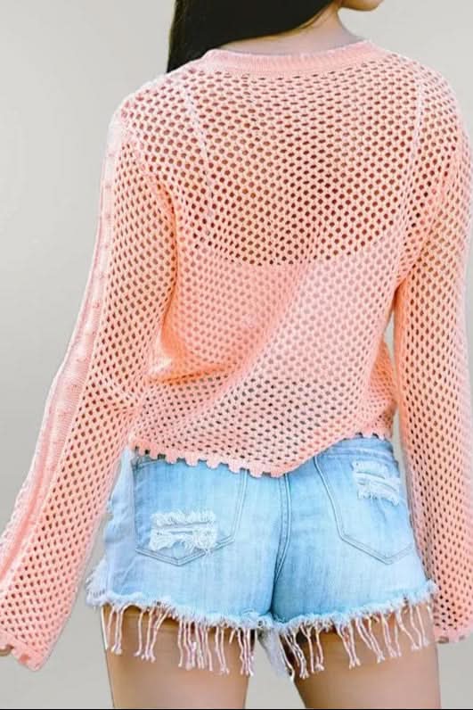 Openwork Round Neck Long Sleeve Knit Top Peach