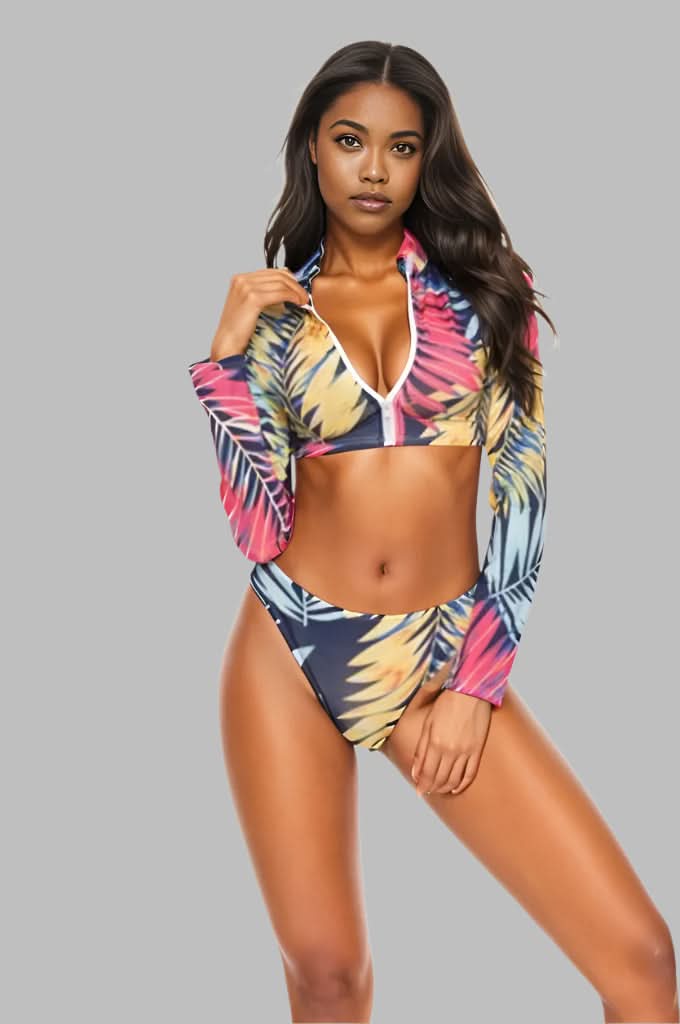 Printed Zip Up Three-Piece Swim Set Dark Blue