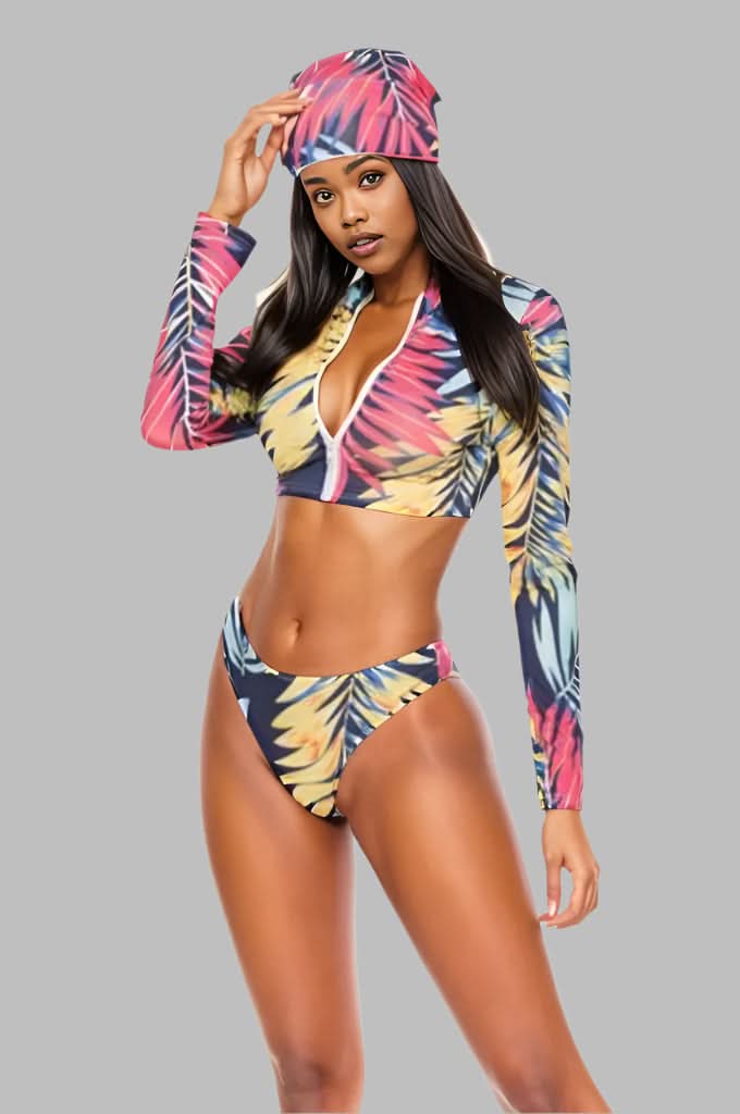 Printed Zip Up Three-Piece Swim Set