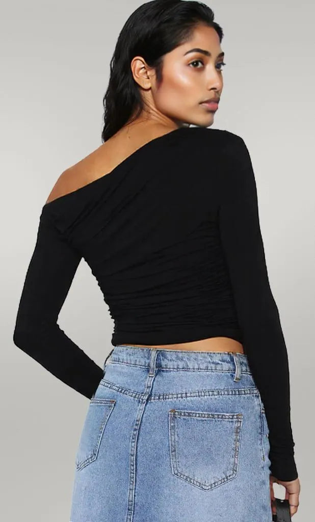 Ruffled Single Shoulder T-Shirt Black