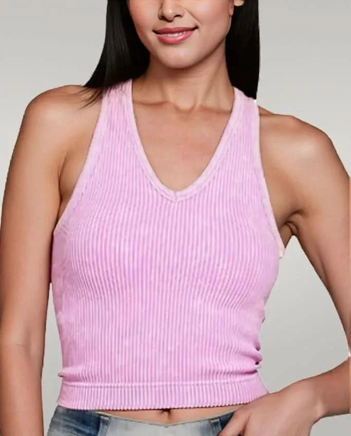Zenana Washed Ribbed Seamless Bra Padded V-neck Tank Top