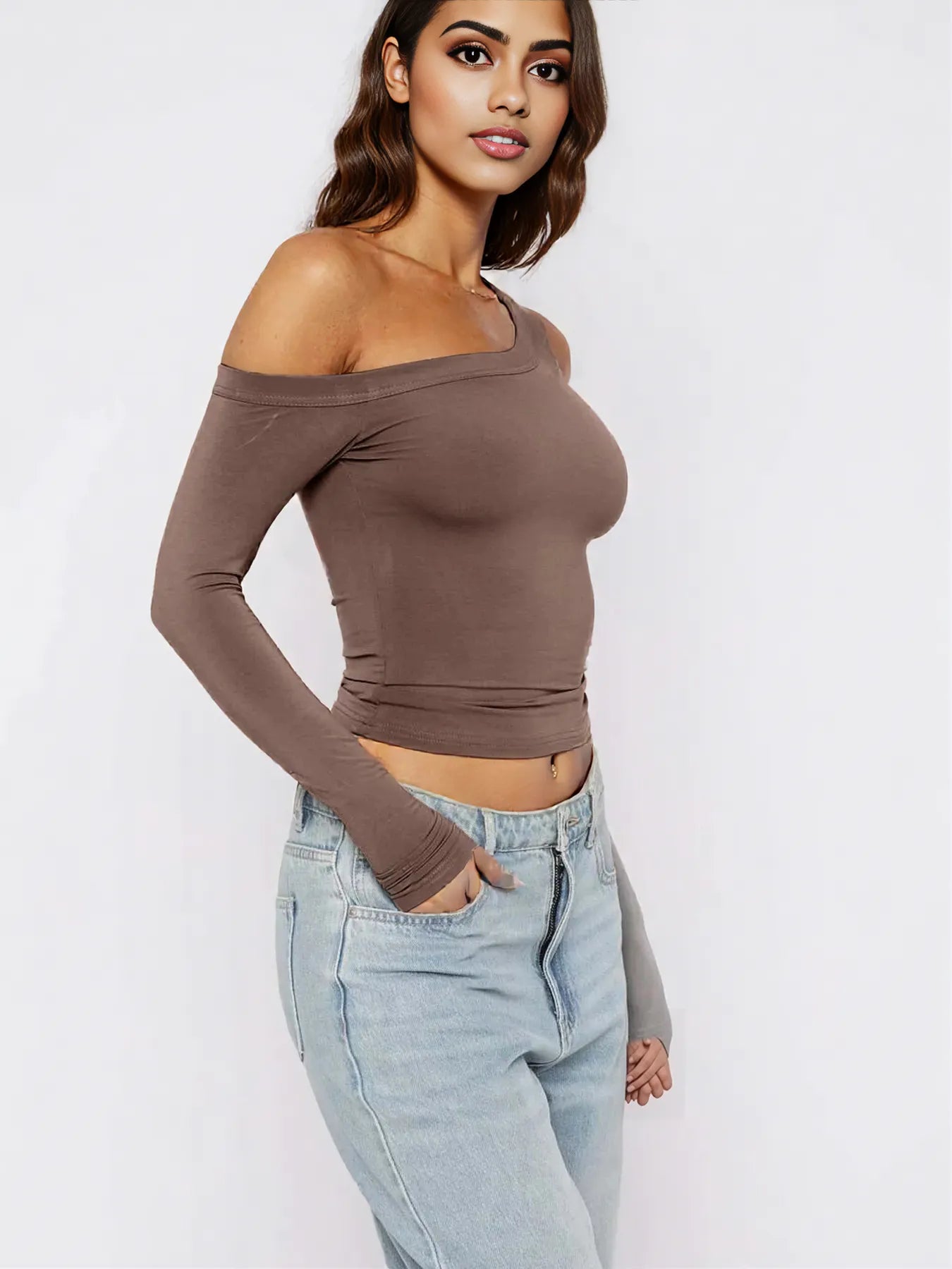 One Shoulder Long Sleeve Crop T-Shirt
