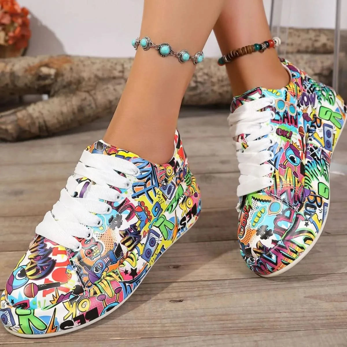 Abstract Print Lace Up Sneakers Purple