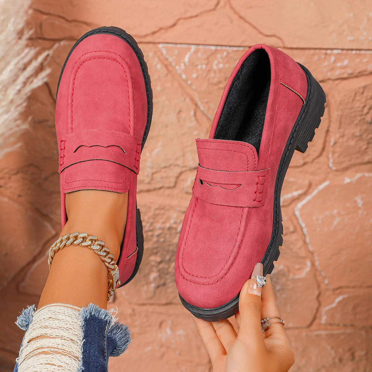 Round Toe Block Heels Loafers Red