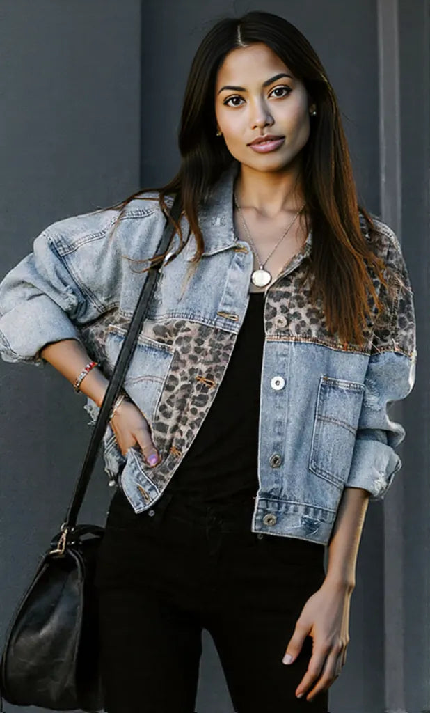 Distressed Leopard Drop Shoulder Denim Jacket Leopard
