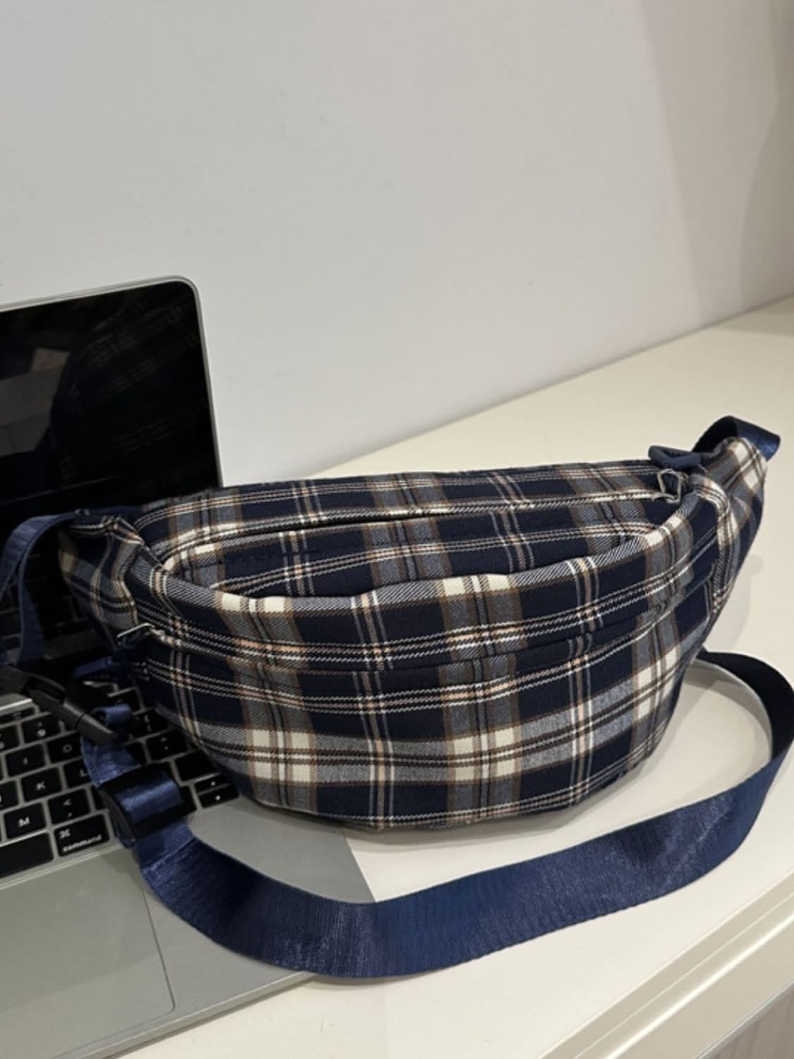 Plaid Adjustable Strap Crossbody Bag Dark Navy One Size