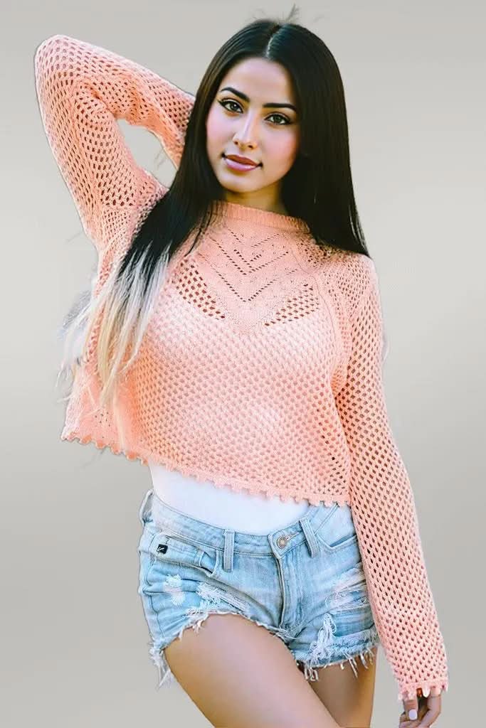 Openwork Round Neck Long Sleeve Knit Top Peach