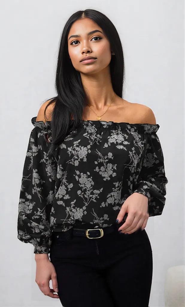 Printed Off-Shoulder Balloon Sleeve Blouse Gray
