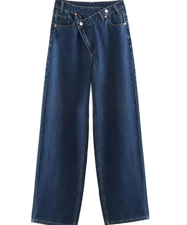Y2K High Waist Denim Pants Irregular Hemline Blue2