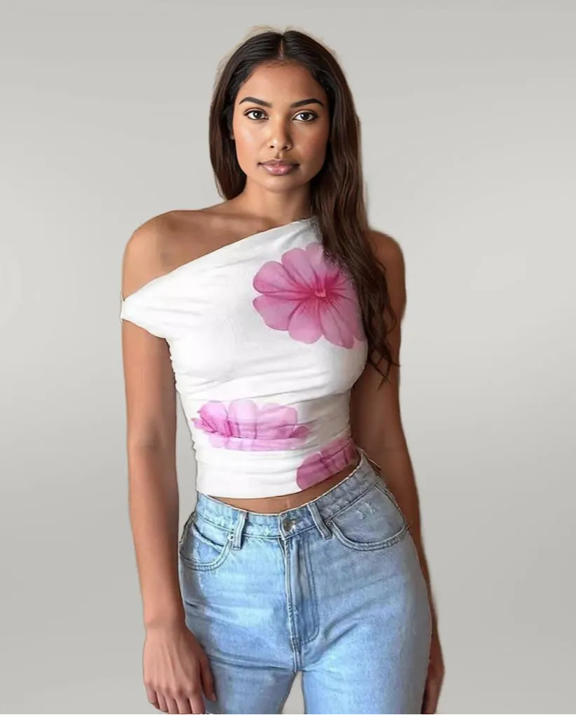 Asymmetric Neck Short Top Waist-Cinching Design Tank Top