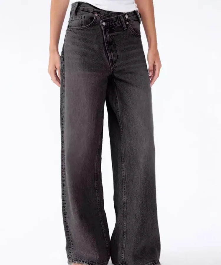 Y2K High Waist Denim Pants Irregular Hemline Black