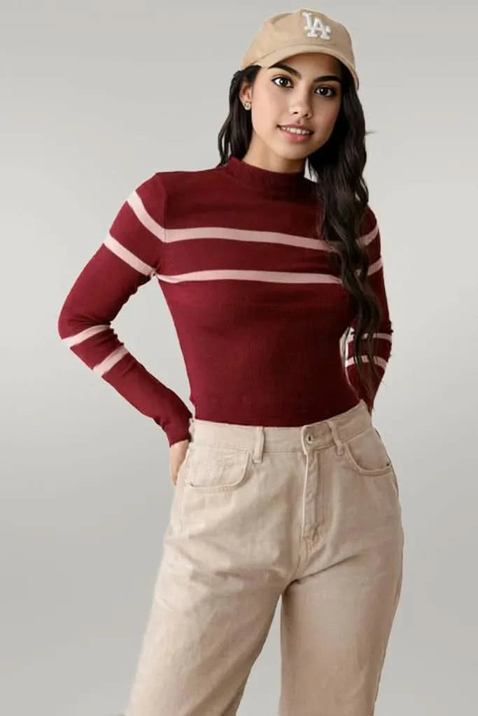 Stripe Long Sleeve Crop Knit Top Red
