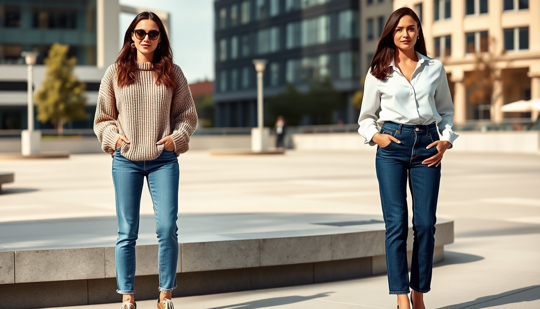 Woman wearing winter sweater and denim jeans 