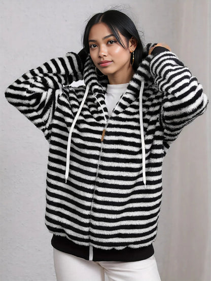 Striped Fuzzy Zip Up Hooded Outerwear