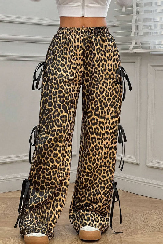 Brown Leopard Print Bow Tie Drawstring Elastic Waist Loose High Waist Pants Brown 95%Polyester+5%Elastane