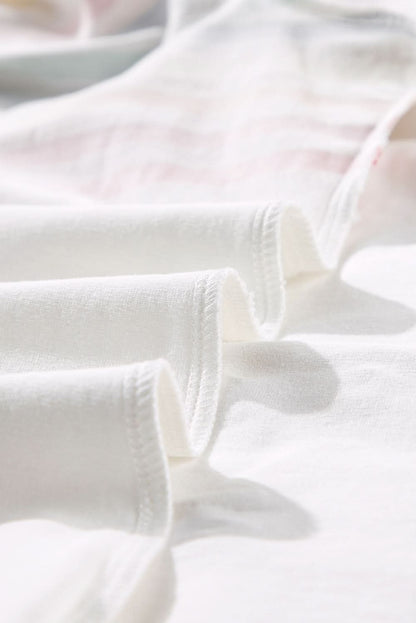 White Rainbow Stripe Print Contrast Crewneck T Shirt