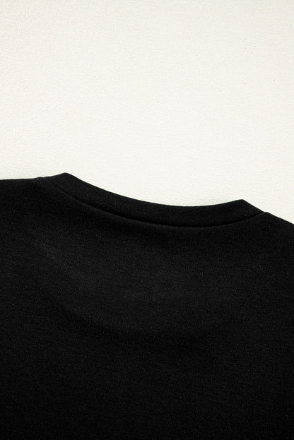 Black Solid Exposed Seam Crew Neck Long Sleeve Top