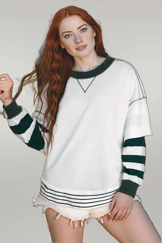White Stripe Colorblock Sleeve Exposed Seam -2-Piece Sweatshirt White Stripe 85%Polyester+10%Cotton+5%Elastane